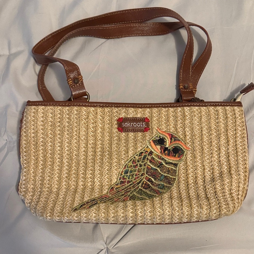 Sakroots Tan and Brown Owl Embroidered Shoulder Bag